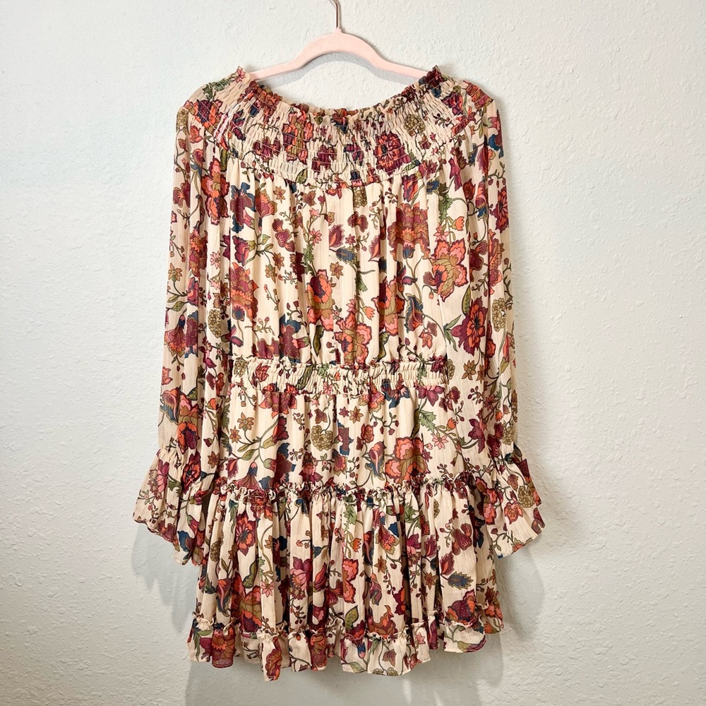 VICI Boho Ruffled Mini Dress Floral Long Sleeve Smocked Size Medium M